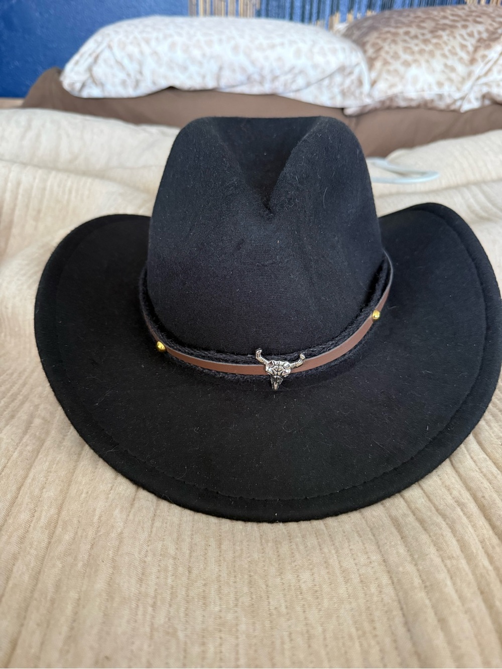 Black Felt Western Cowboy Hat with Brown Leather Band and Bull Skull Accent